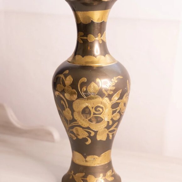 Tall Silver and Gold Tone Brass Vase with Floral Designs & Ruffle Edge - Picture 2 of 5